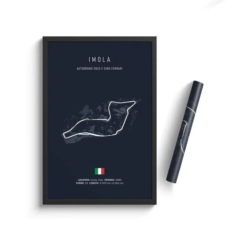 Framed minimalist poster of Imola race track layout with Italian flag and race details, rolled map beside it