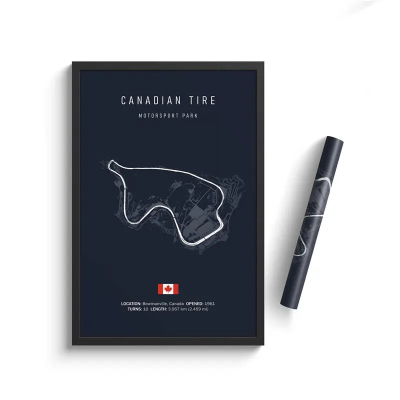 Framed minimalist map of Canadian Tire Motorsport Park in Bowmanville, Canada with race track layout and details