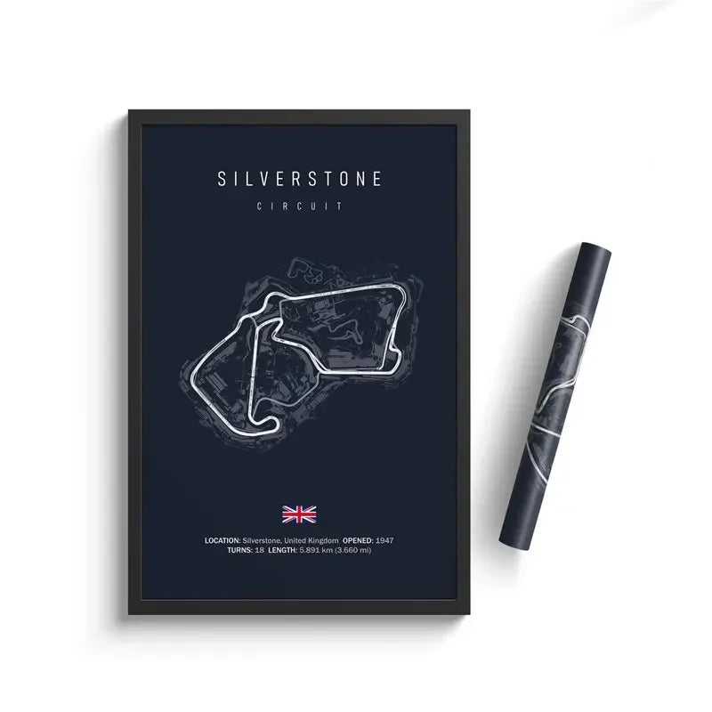 Framed Silverstone Circuit map poster with UK flag and track details on dark background, next to rolled print