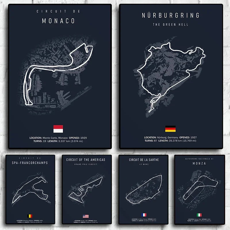 Wall art of famous Formula 1 race circuits including Monaco, Nürburgring, Spa-Francorchamps, Circuit of Americas, Le Mans, and Monza with locations and flags