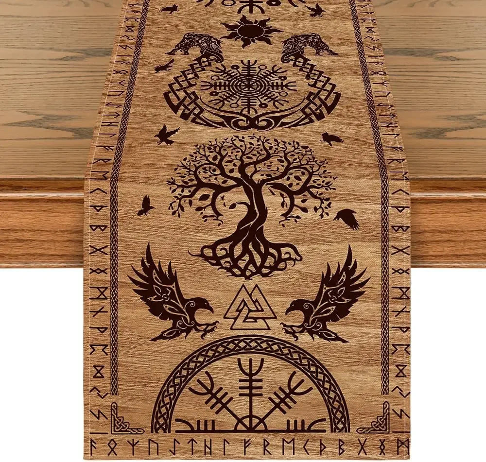 Wooden table runner with Viking and Norse symbols including Yggdrasil tree, ravens, runes, and helmet of awe