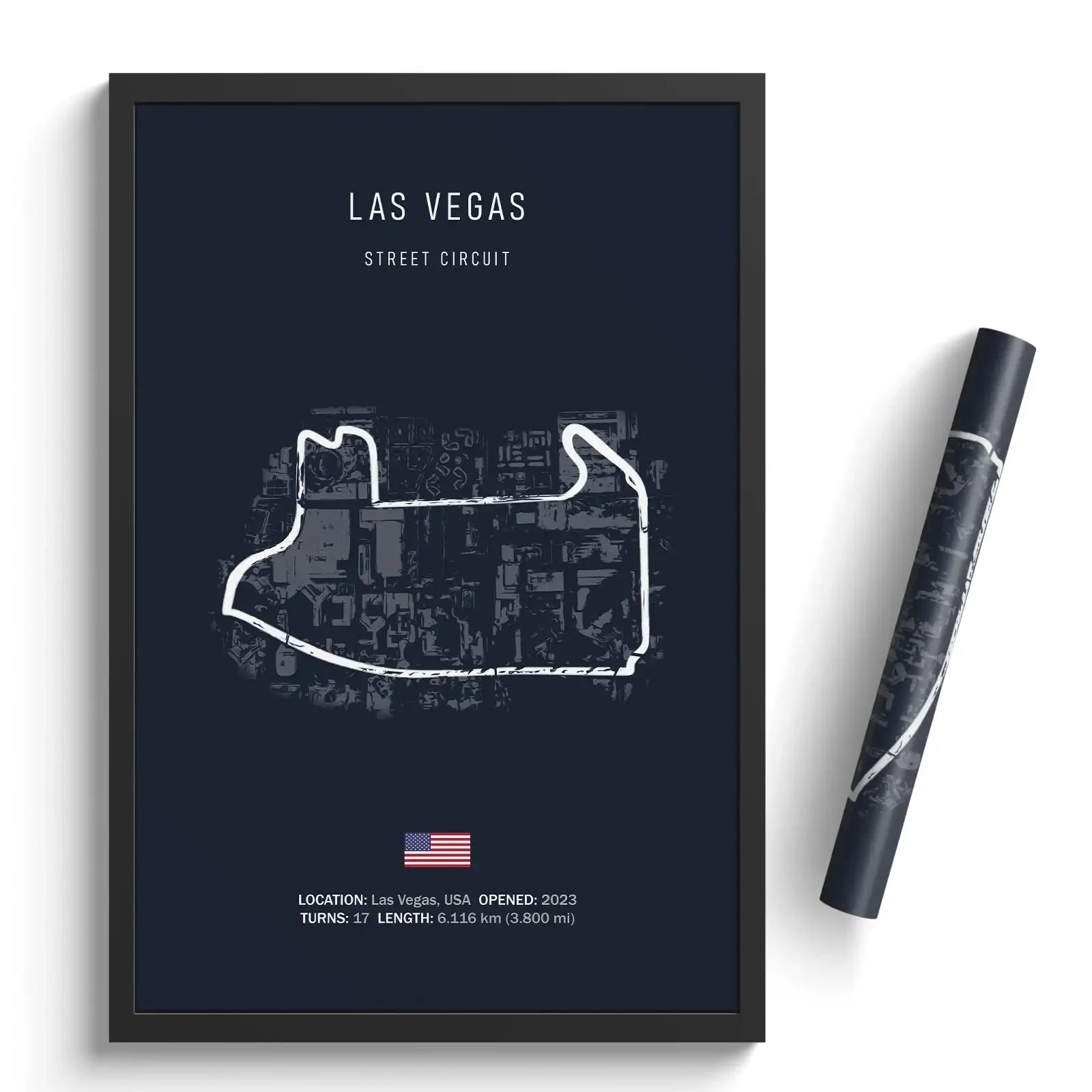 Framed map art of Las Vegas Street Circuit 2023, 17 turns, 6.116 km length race track poster