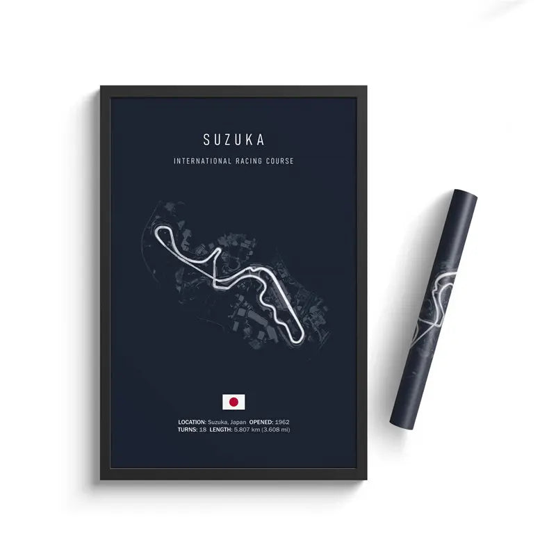 Framed Suzuka International Racing Course map poster with track layout, Japan flag, and detailed race info