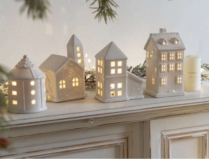 Glowing Ceramics Village House LED Light Up Porcelains Statue Figurine Festival Home Desktop Decors Christmas  Ornament
