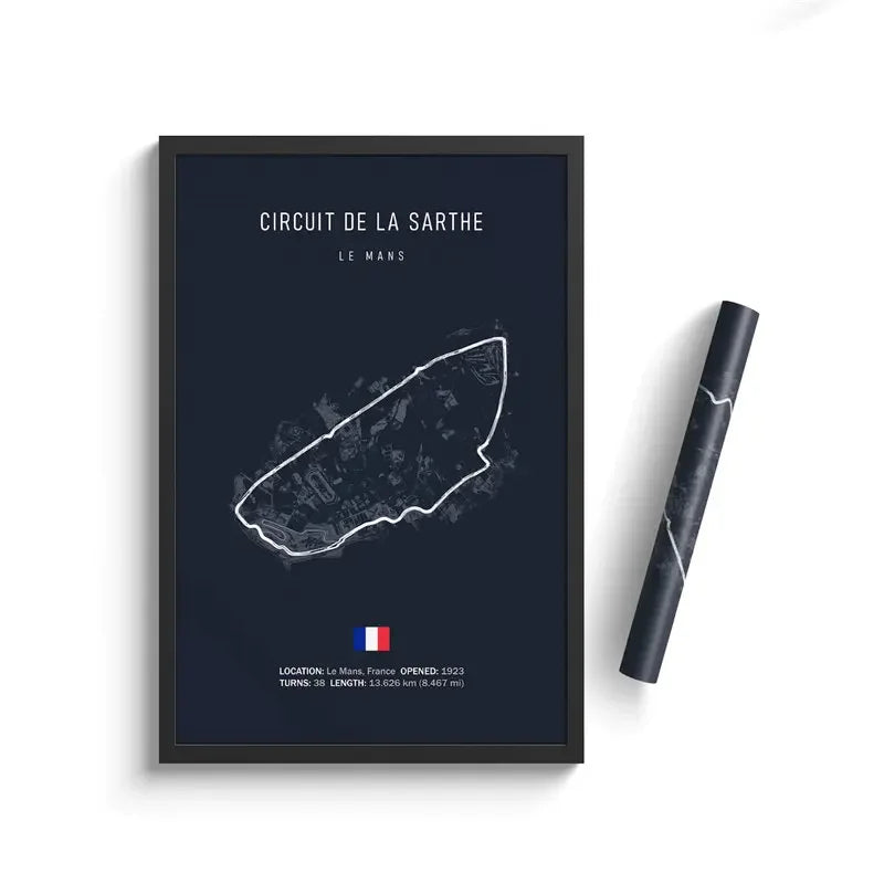 Framed minimalist map poster of Circuit de la Sarthe race track in Le Mans, France, with track details and rolled map beside it