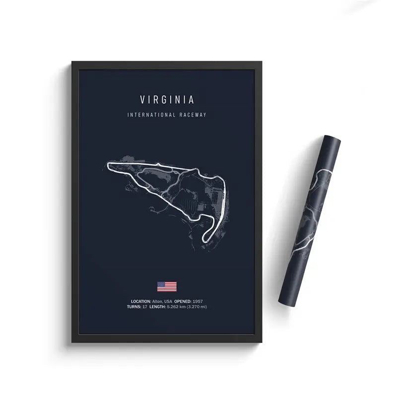 Framed minimalist poster of Virginia International Raceway map with details and rolled-up print on white background