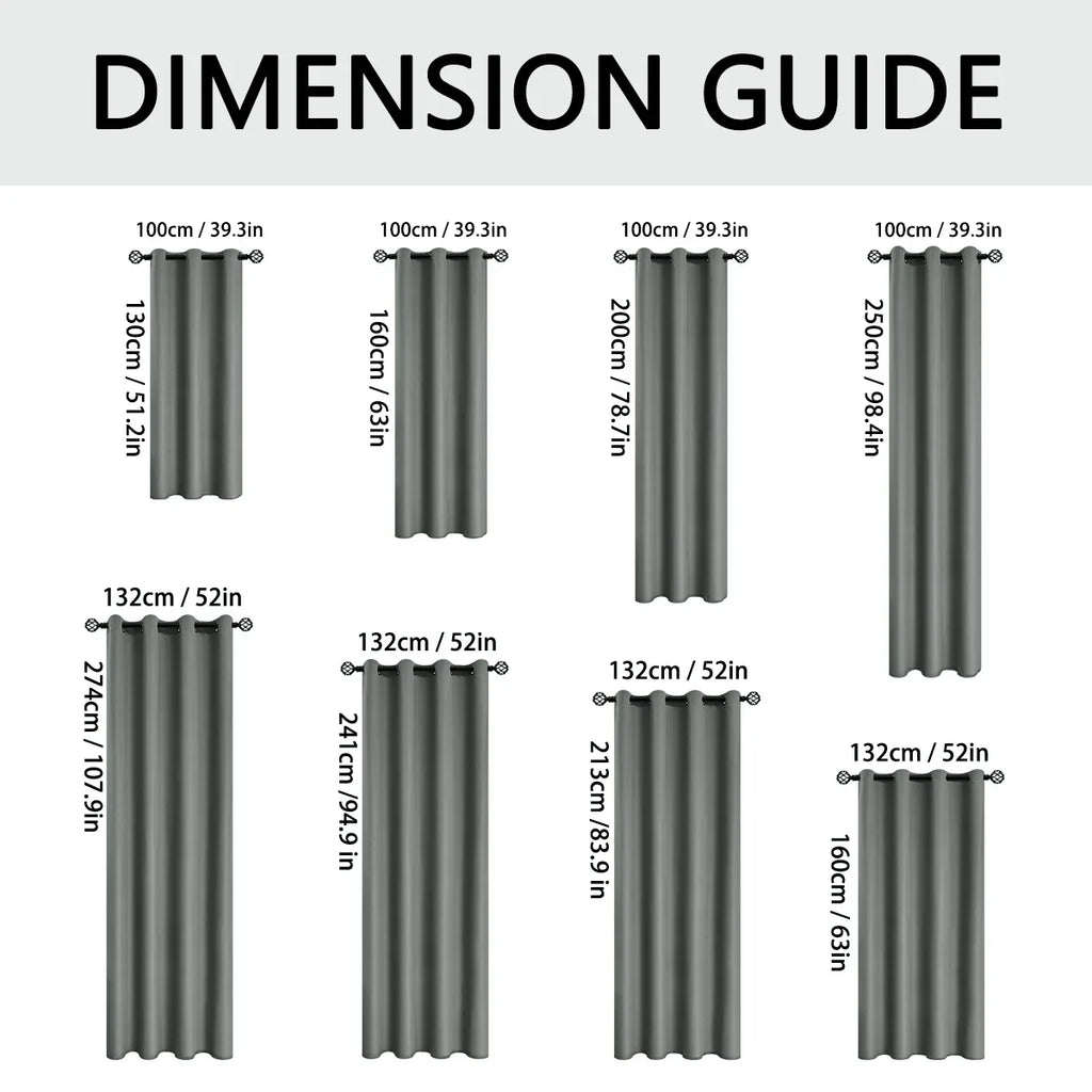 Dimension guide for grey curtains showing multiple height and width options in centimeters and inches