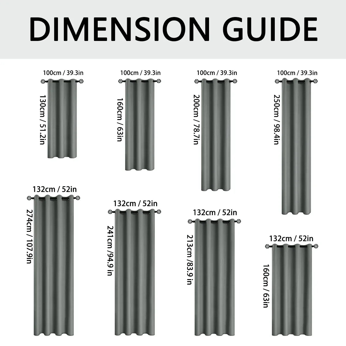 Dimension guide for grey curtains showing multiple height and width options in centimeters and inches