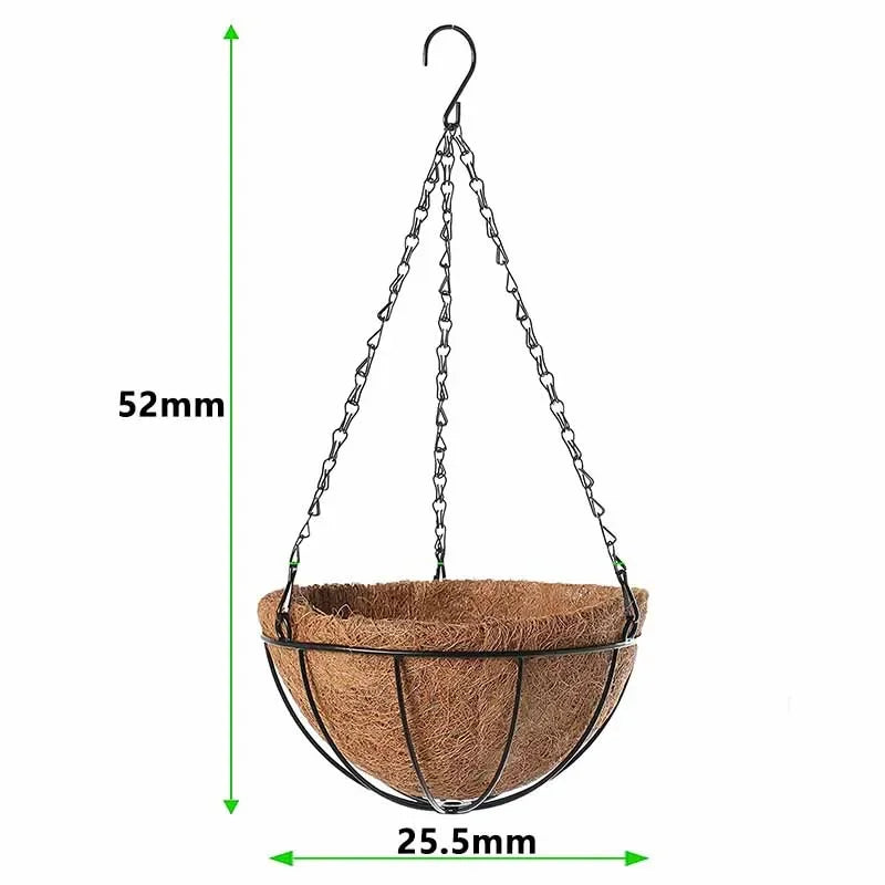 Black metal hanging basket with coconut coir liner for plants, dimensions 52mm height and 25.5mm width