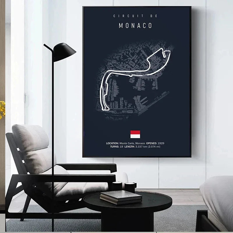 Modern living room featuring Monaco Grand Prix circuit map wall art with minimalist furniture and floor lamp