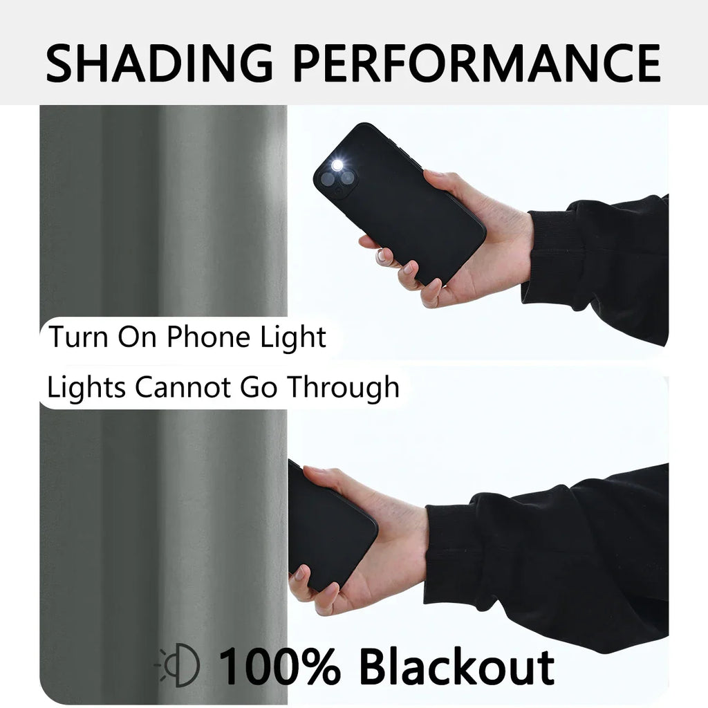 Demonstration of blackout curtains blocking phone flashlight completely, showing 100% shading performance