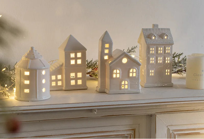 Glowing Ceramics Village House LED Light Up Porcelains Statue Figurine Festival Home Desktop Decors Christmas  Ornament