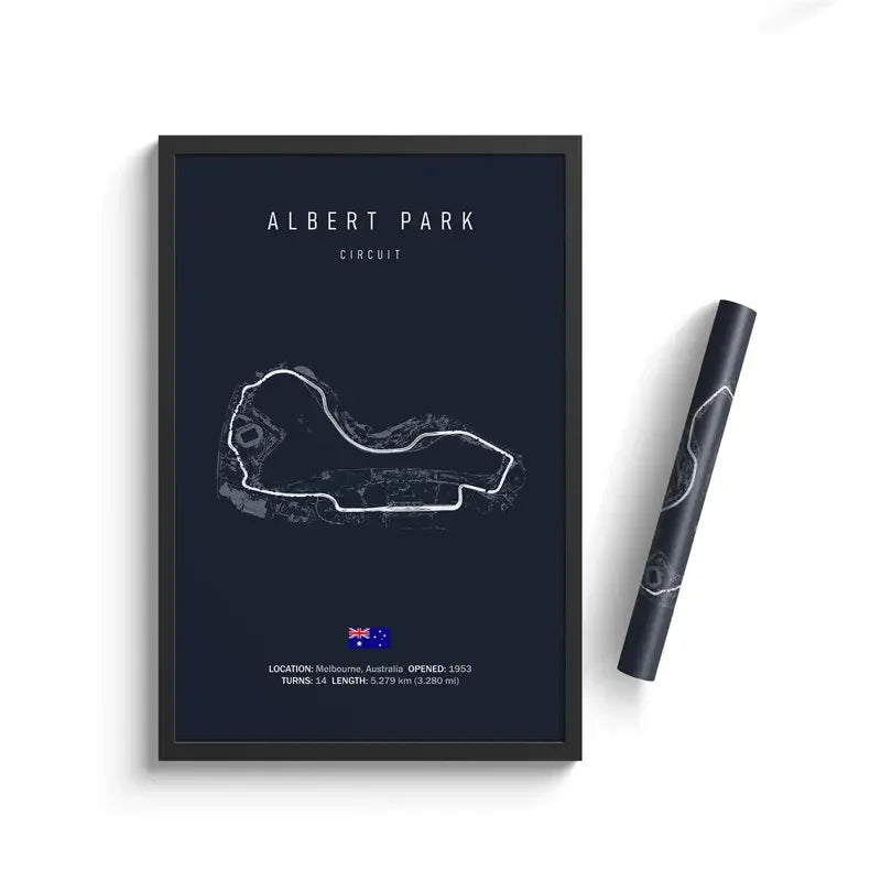 Framed minimalist poster of Albert Park Circuit race track in Melbourne, Australia, showing 14 turns and 5.279 km length