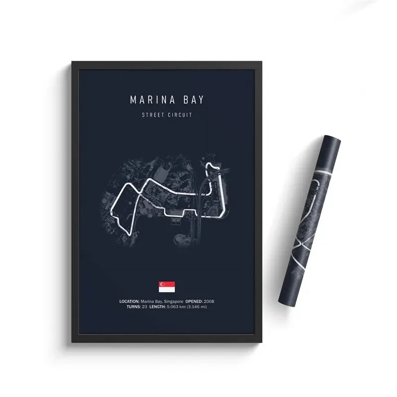 Marina Bay street circuit artwork poster in black frame with Singapore flag and race track details.