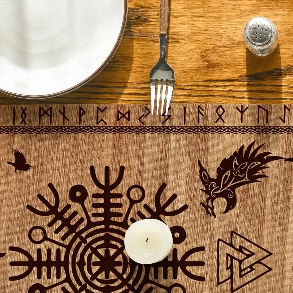 Viking-inspired wooden table setting with runic symbols, a white plate, fork, candle, and salt shaker