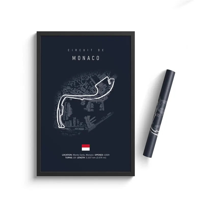Framed minimalist map of Monaco Formula 1 circuit in dark design with details and rolled poster beside it