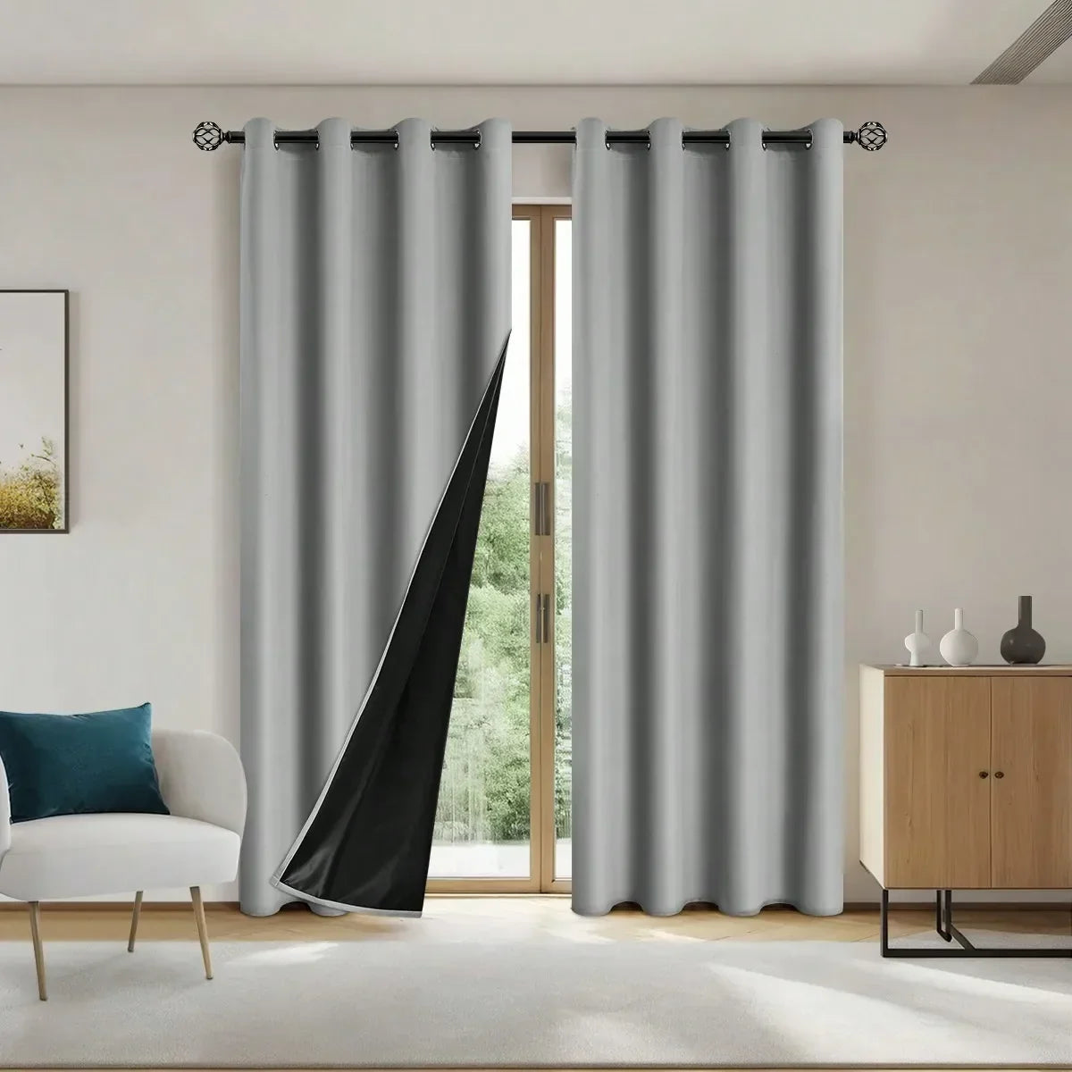 Modern living room with light grey blackout curtains partially open, revealing a wooden sliding door and greenery outside