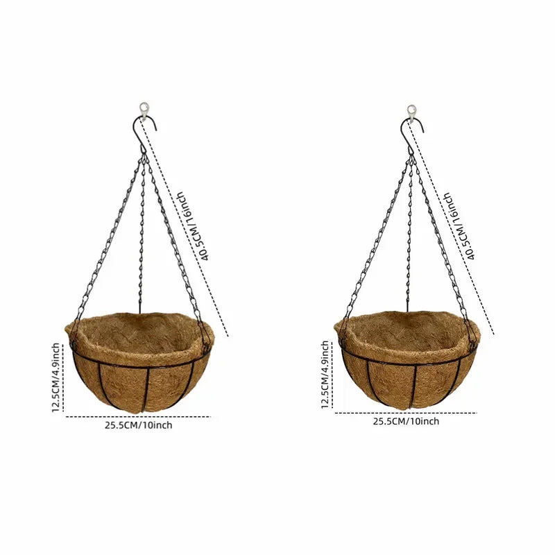 Pair of brown coco liner hanging baskets with black metal frames and chains, dimensions shown 25.5cm width, 12.5cm depth, 40.5cm height