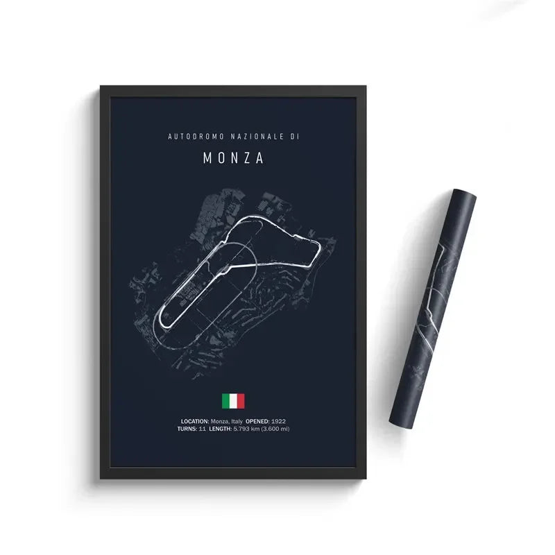 Framed minimalist map art of Monza race track in Italy with key details and Italian flag on dark background