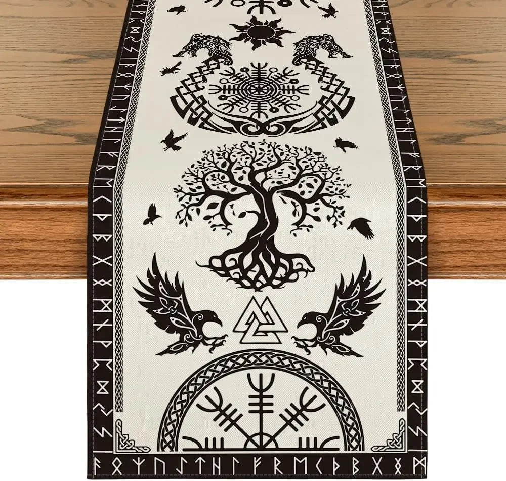 Viking-inspired black and white table runner with Norse symbols, ravens, and tree of life design