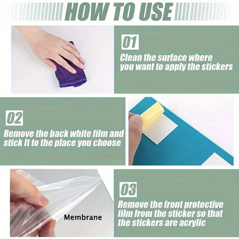 Step-by-step guide to applying acrylic stickers: cleaning surface, peeling white backing, removing front protective film