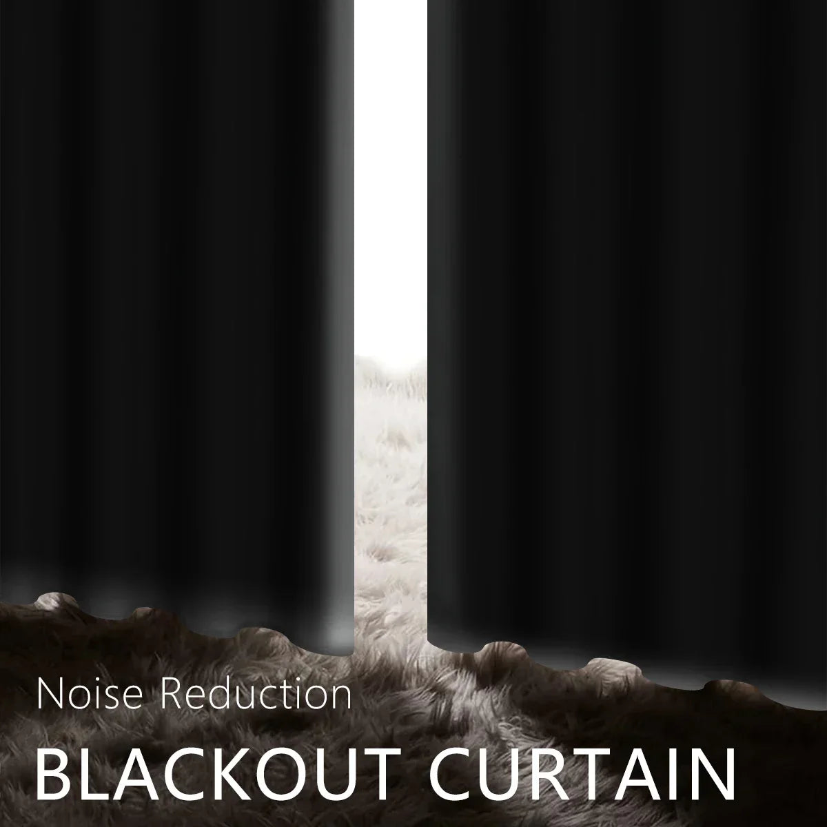 Black blackout curtains partially drawn over a soft furry rug, promoting noise reduction