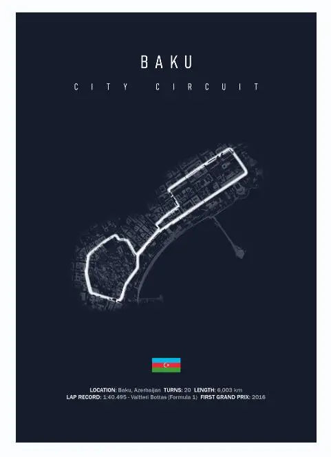 Baku City Circuit racing track map with details, including location in Azerbaijan, 20 turns, 6.003 km length, and 2016 first Grand Prix info