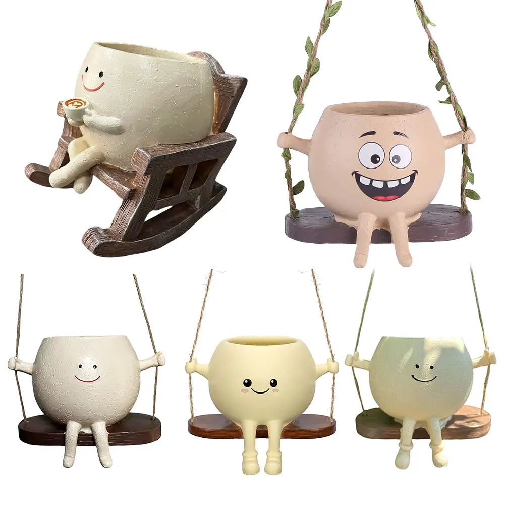 Creative rocking chair/swing shaped planter for succulents, ideal for indoor and outdoor plants.