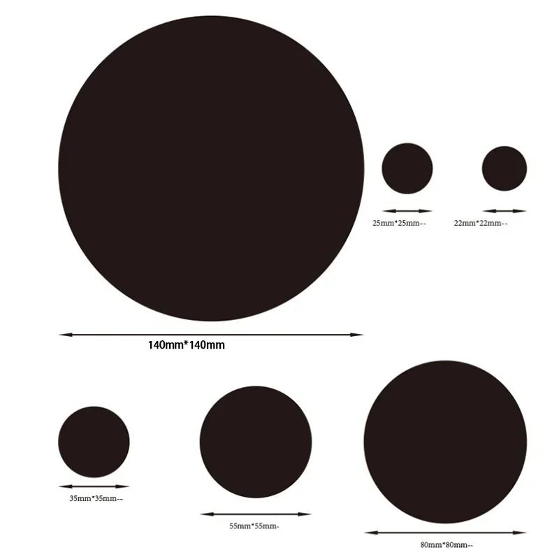 Black circles of various sizes with measurements in millimeters, simple geometric design on white background