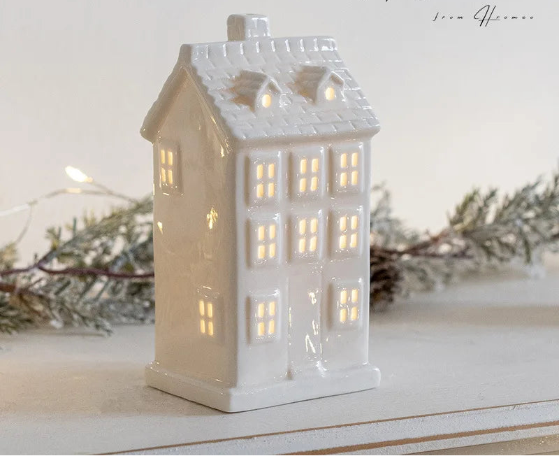 Glowing Ceramics Village House LED Light Up Porcelains Statue Figurine Festival Home Desktop Decors Christmas  Ornament