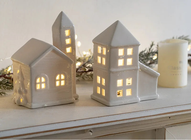 Glowing Ceramics Village House LED Light Up Porcelains Statue Figurine Festival Home Desktop Decors Christmas  Ornament
