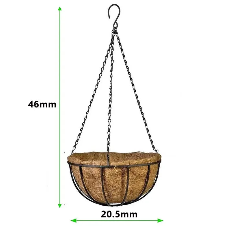 Hanging black metal basket with coconut coir liner, 46mm height and 20.5mm width, home decor