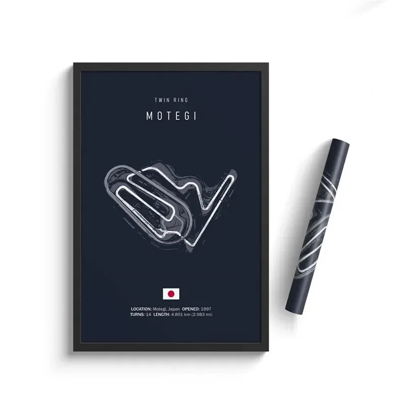 Framed minimalist map art of Twin Ring Motegi race track in Japan with details and Japanese flag, marketing poster