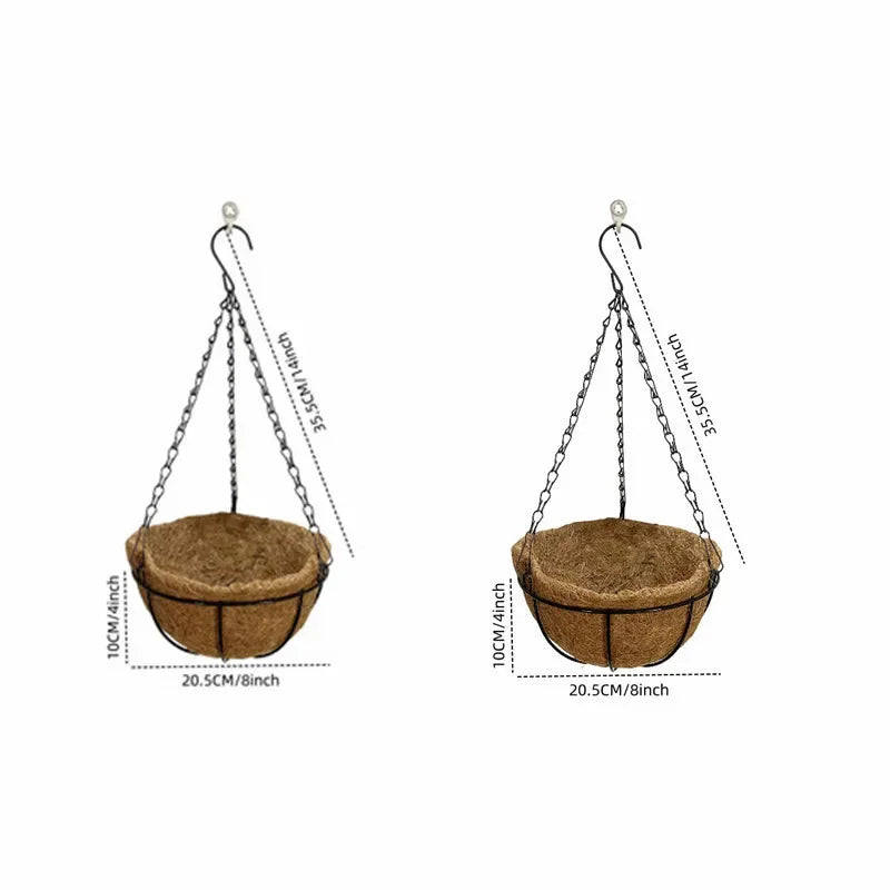 Two hanging coco coir lined plant baskets with black metal chains, 35.5cm height and 20.5cm diameter