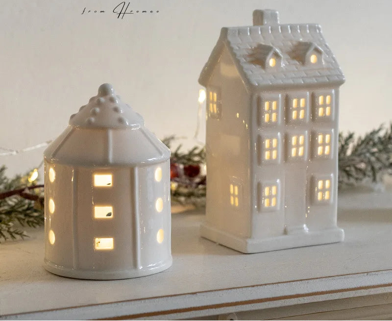 Glowing Ceramics Village House LED Light Up Porcelains Statue Figurine Festival Home Desktop Decors Christmas  Ornament