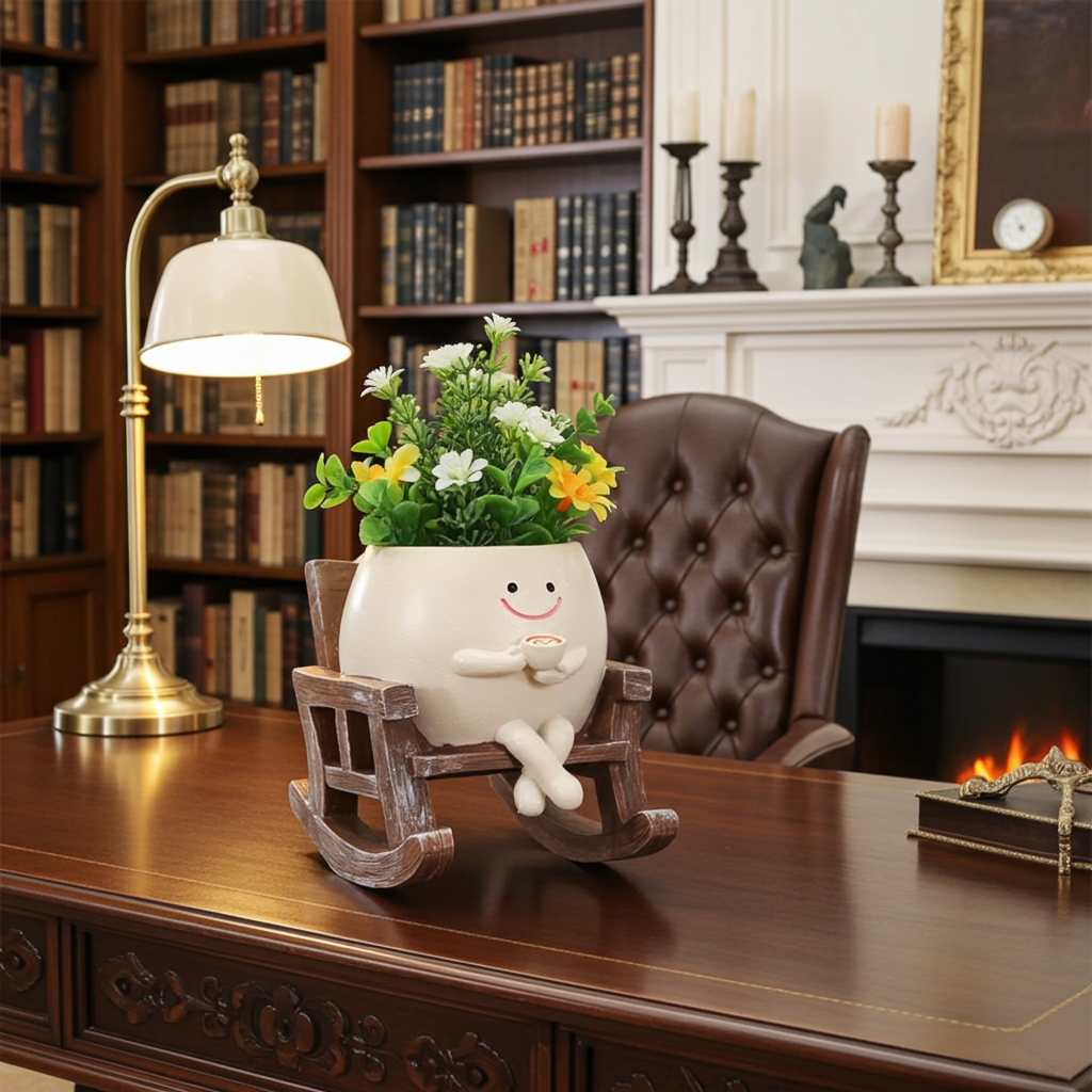 Creative rocking chair/swing shaped planter for succulents, ideal for indoor and outdoor plants.